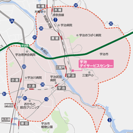 送迎エリア地図: 京阪宇治線「黄檗」・「三室戸」・「宇治」、JR奈良線「黄檗」・「宇治」・「小倉」を中心に送迎エリアとしています